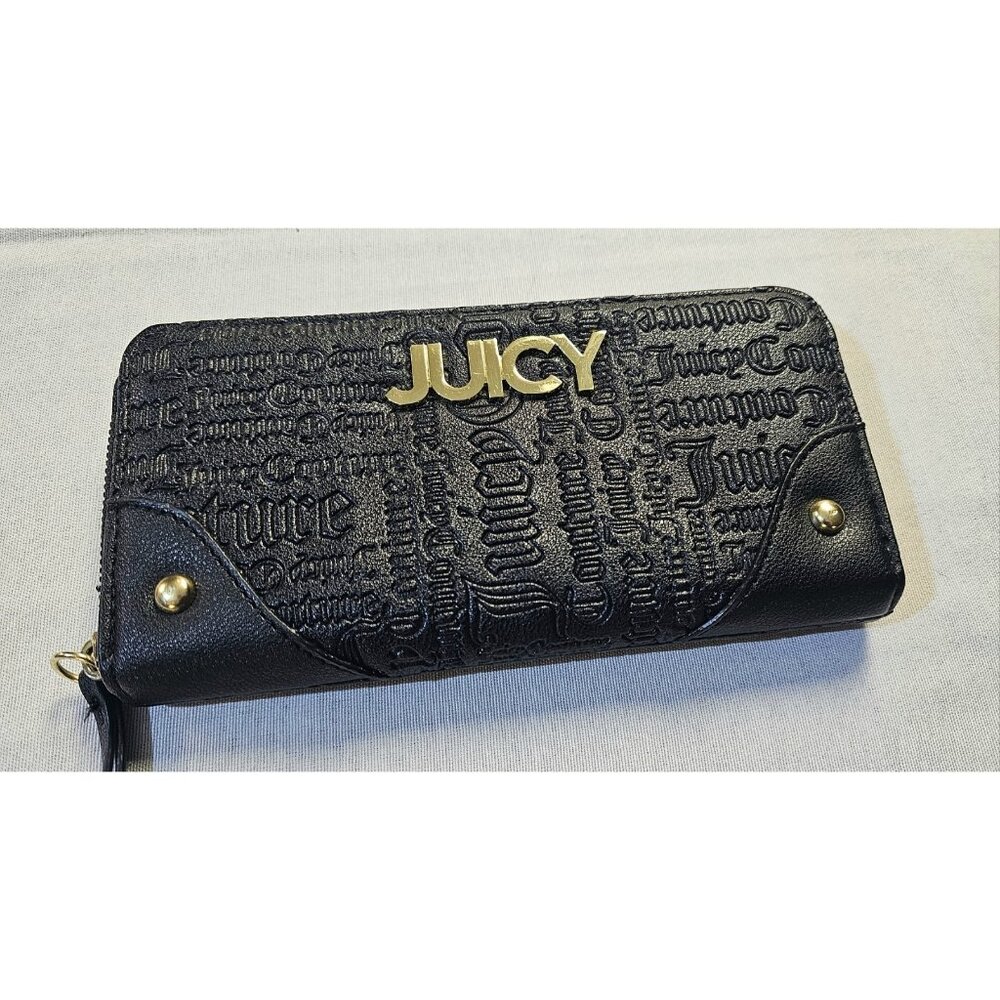 Juicy Couture Black Embossed Clutch Zip Around Wallet Y2K /2000s